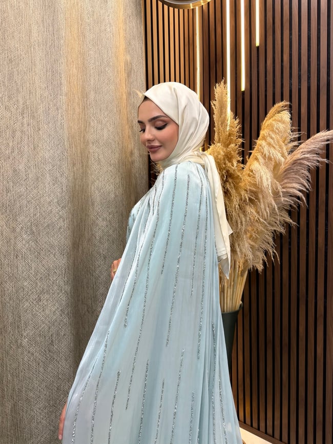 Zara Pelerin Detaylı Taş İşlemeli Tesettür Abiye | Buz Mavisi