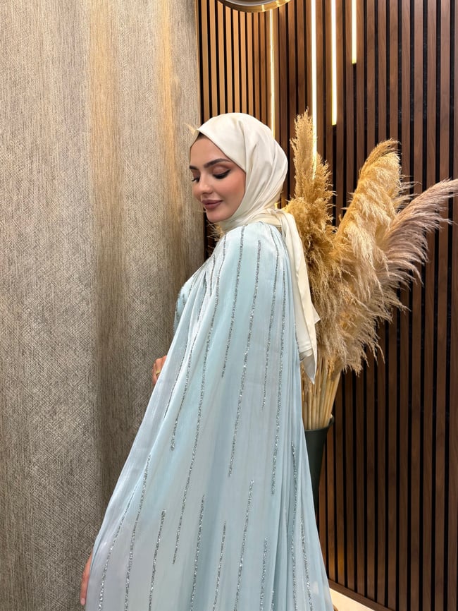 Zara Pelerin Detaylı Taş İşlemeli Tesettür Abiye | Buz Mavisi