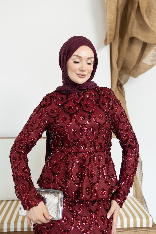 İç Kısmı Denyeli Abiye Elbise | Bordo