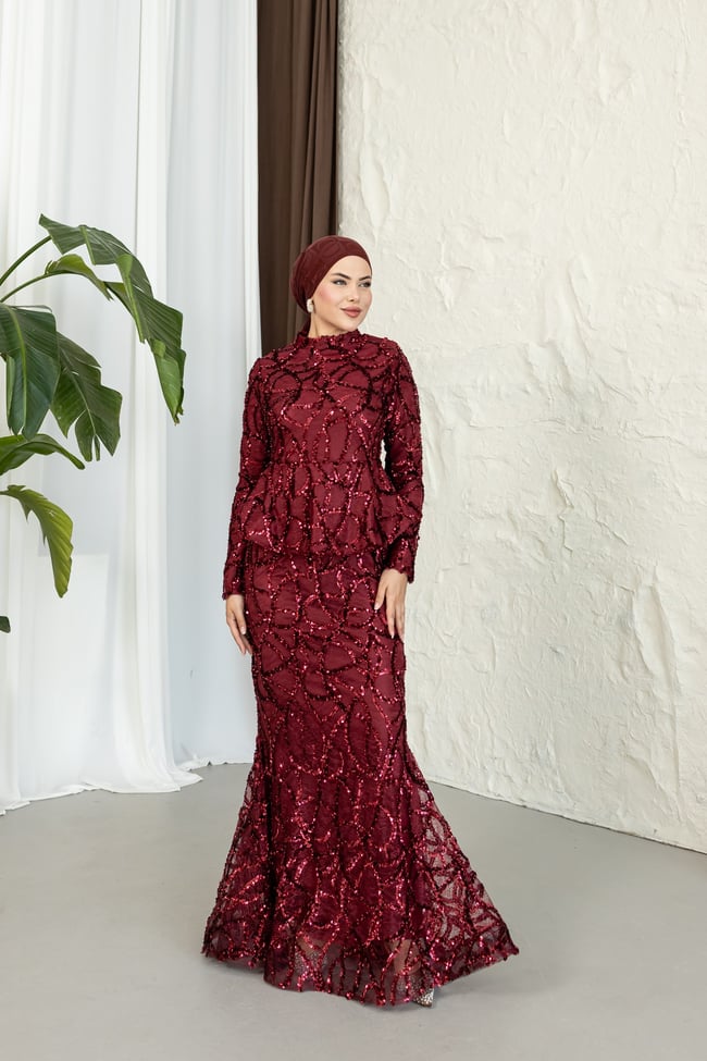 Işıltılı Balık Abiye | Bordo