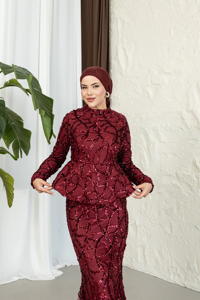 Işıltılı Balık Abiye | Bordo