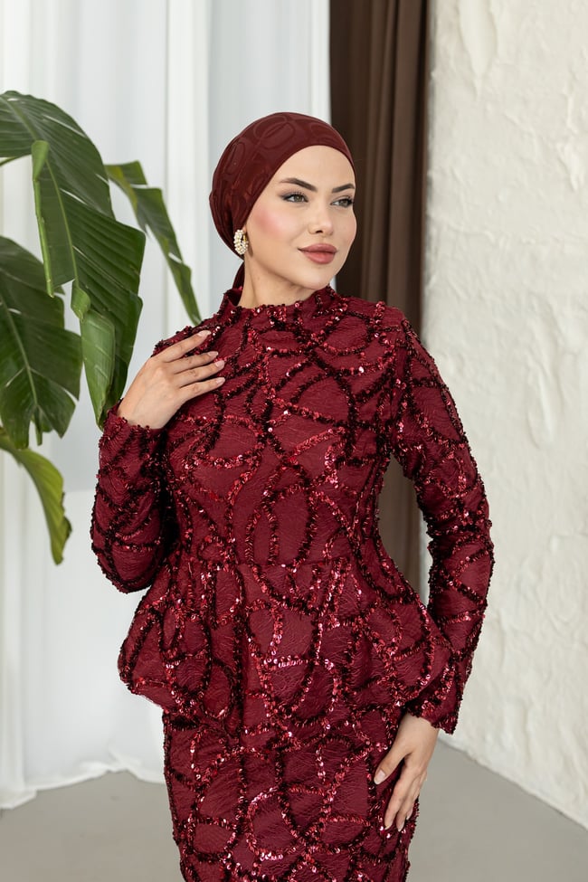 Işıltılı Balık Abiye | Bordo