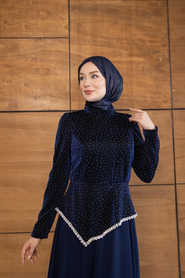 Kadife Şifon Etekli Model | Lacivert