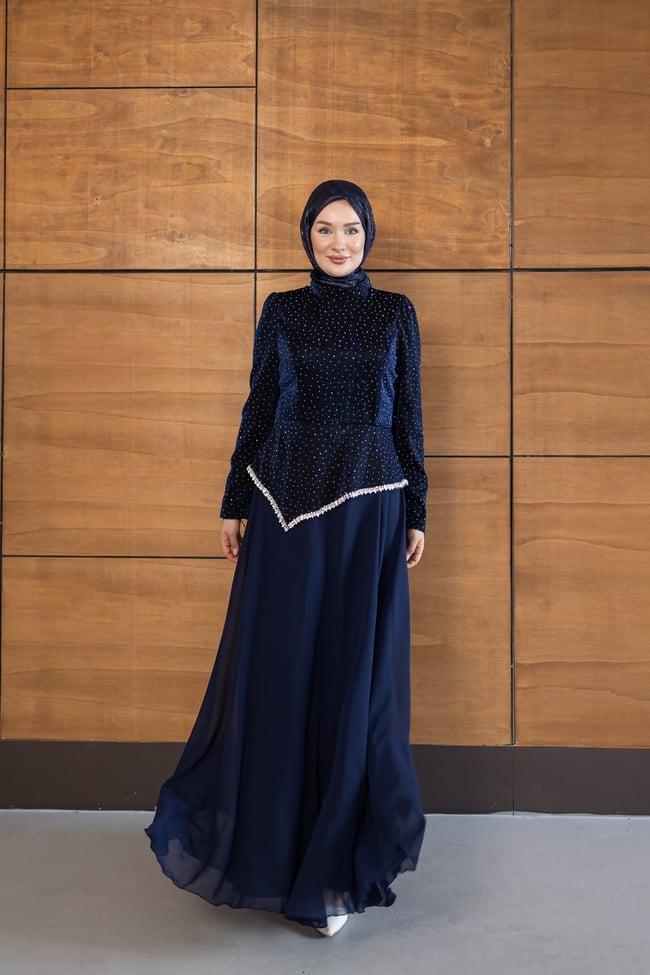 Kadife Şifon Etekli Model | Lacivert