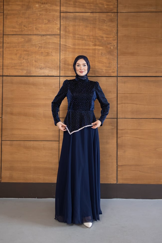 Kadife Şifon Etekli Model | Lacivert