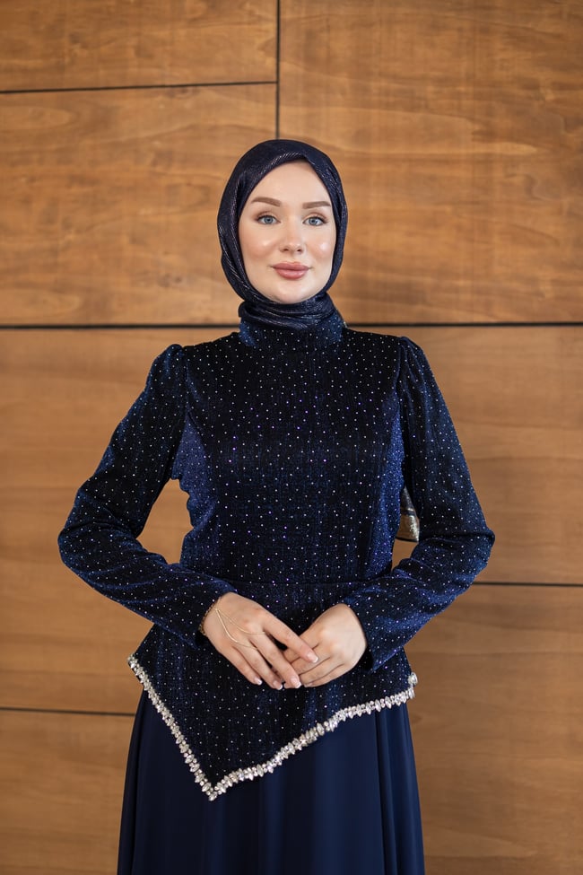 Kadife Şifon Etekli Model | Lacivert