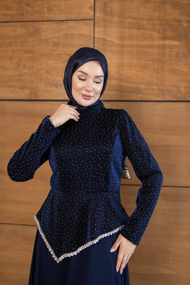 Kadife Şifon Etekli Model | Lacivert