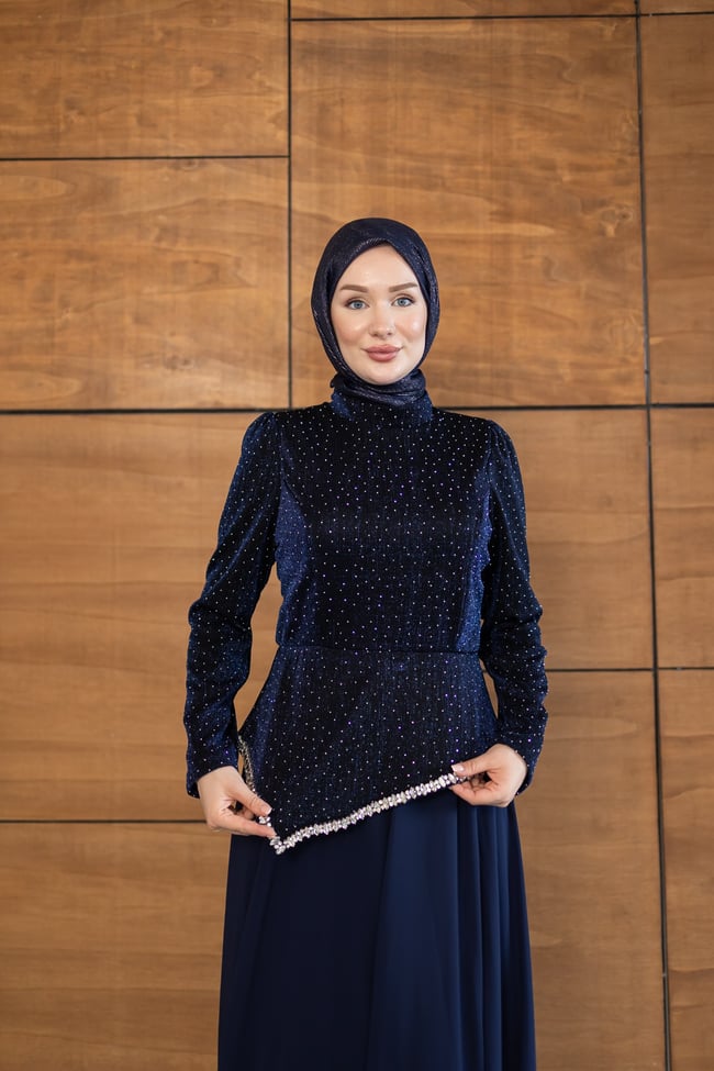 Kadife Şifon Etekli Model | Lacivert