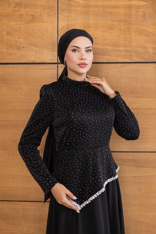 Kadife Şifon Etekli Model | Siyah