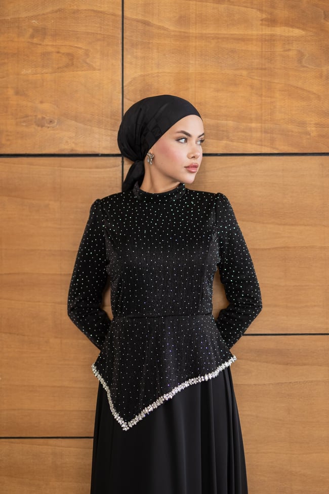 Kadife Şifon Etekli Model | Siyah