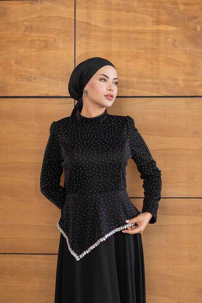 Kadife Şifon Etekli Model | Siyah