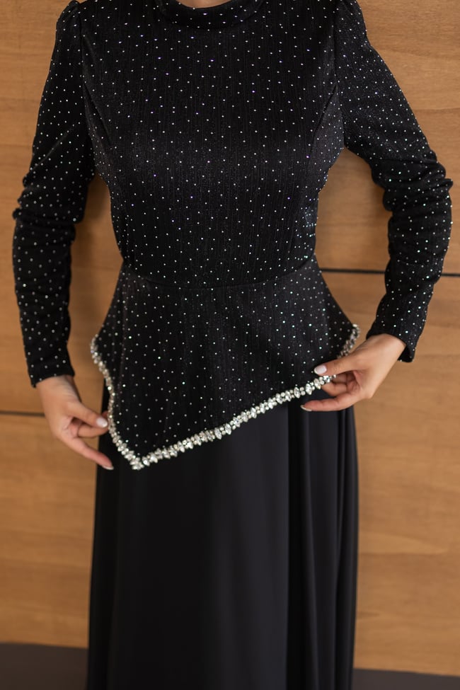 Kadife Şifon Etekli Model | Siyah