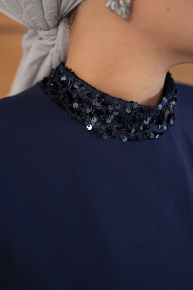Pelerinli Payet Elbise | Lacivert