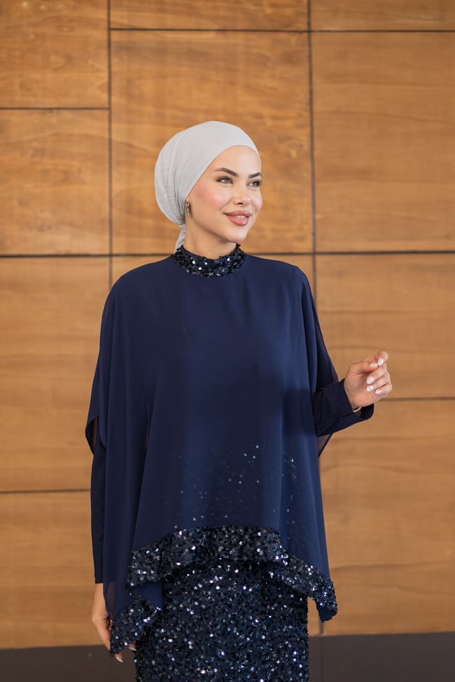 Pelerinli Payet Elbise | Lacivert