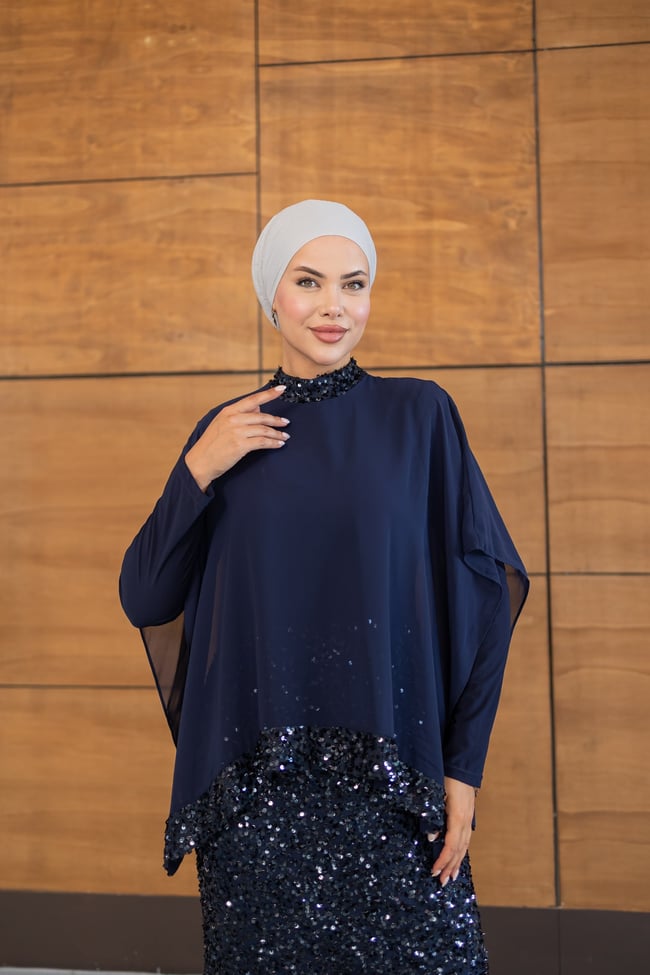 Pelerinli Payet Elbise | Lacivert