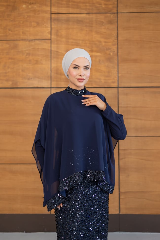 Pelerinli Payet Elbise | Lacivert