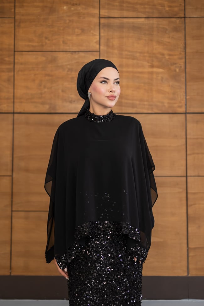 Pelerinli Payet Elbise | Siyah