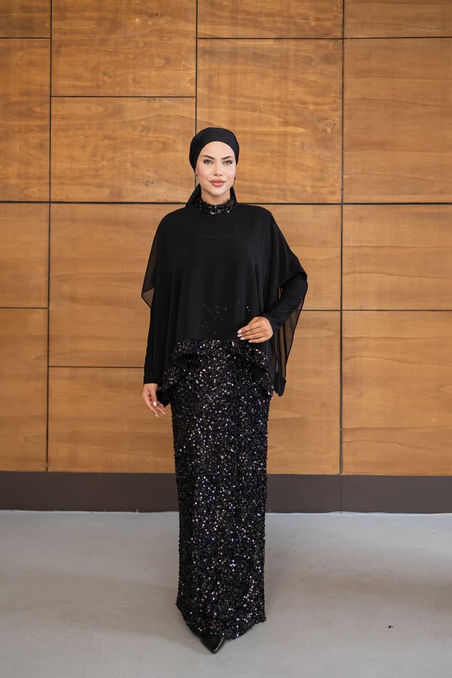 Pelerinli Payet Elbise | Siyah