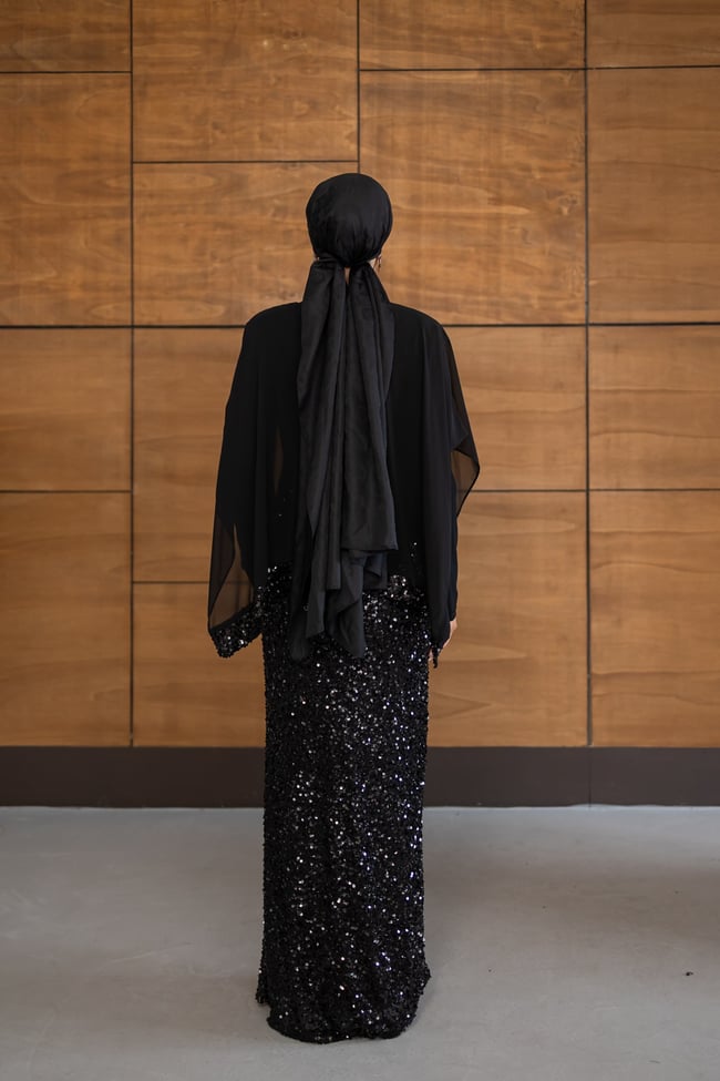 Pelerinli Payet Elbise | Siyah