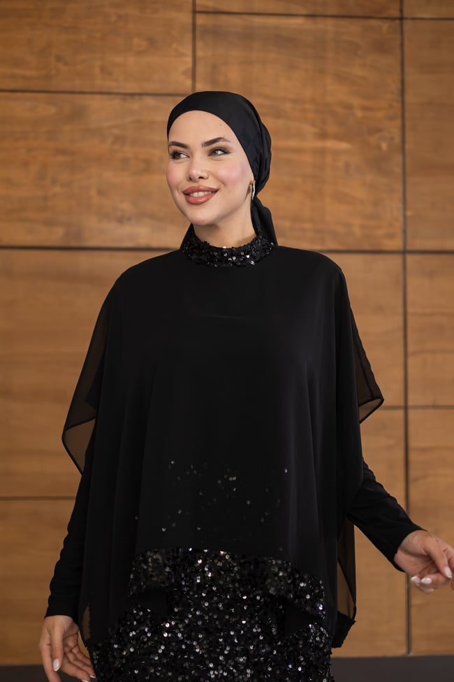 Pelerinli Payet Elbise | Siyah