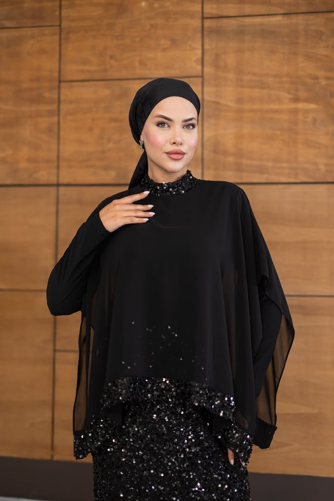 Pelerinli Payet Elbise | Siyah