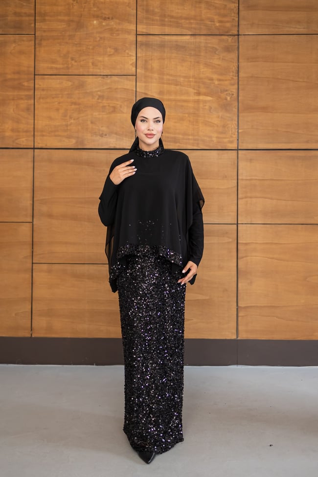 Pelerinli Payet Elbise | Siyah