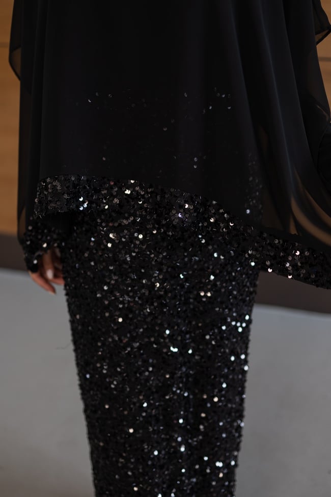 Pelerinli Payet Elbise | Siyah