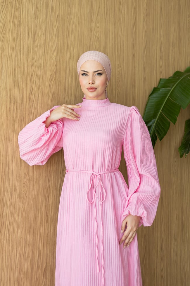 Pliseli Elbise | Pembe