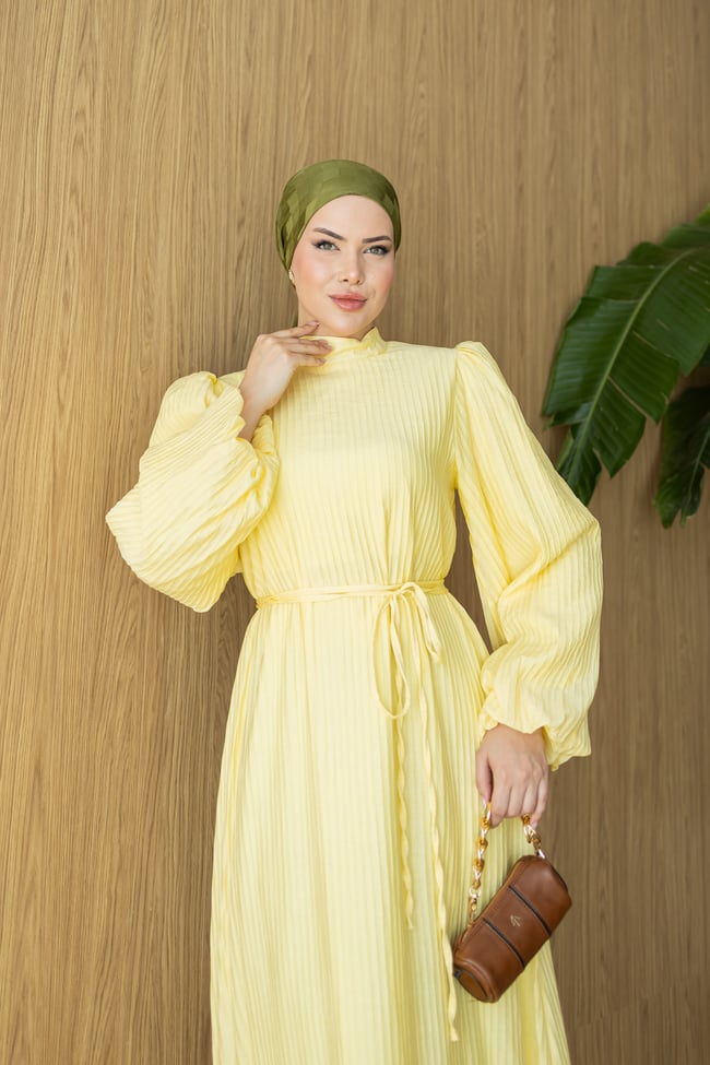 Pliseli Elbise | Sarı