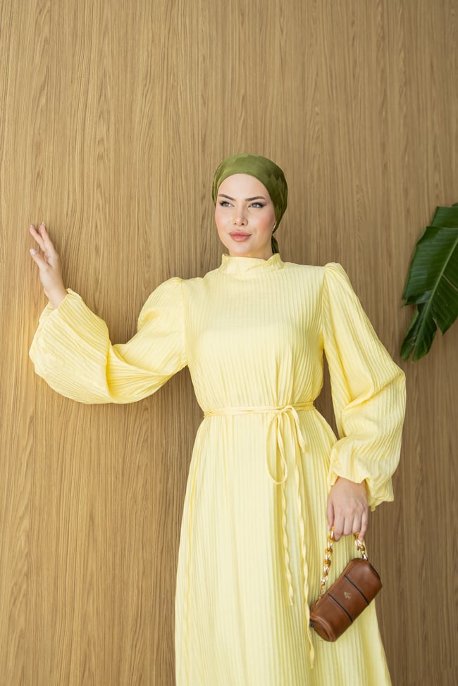 Pliseli Elbise | Sarı