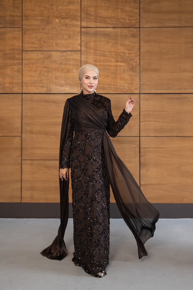 Ravza Payetli Model Abiye | Kahverengi