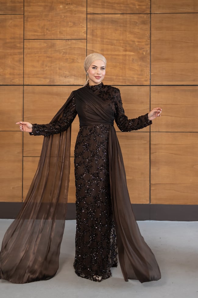 Ravza Payetli Model Abiye | Kahverengi