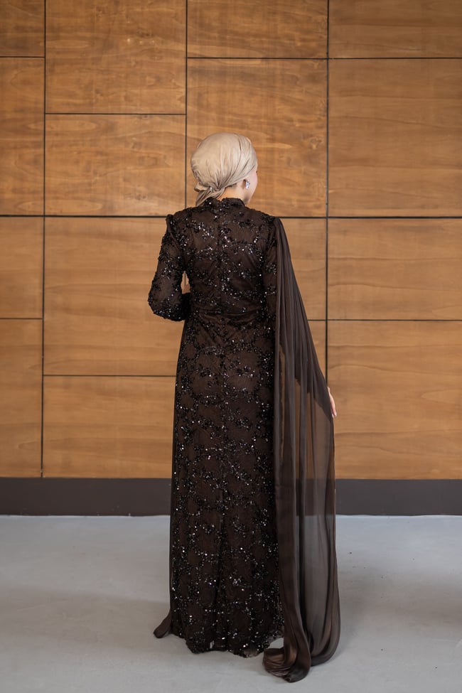 Ravza Payetli Model Abiye | Kahverengi