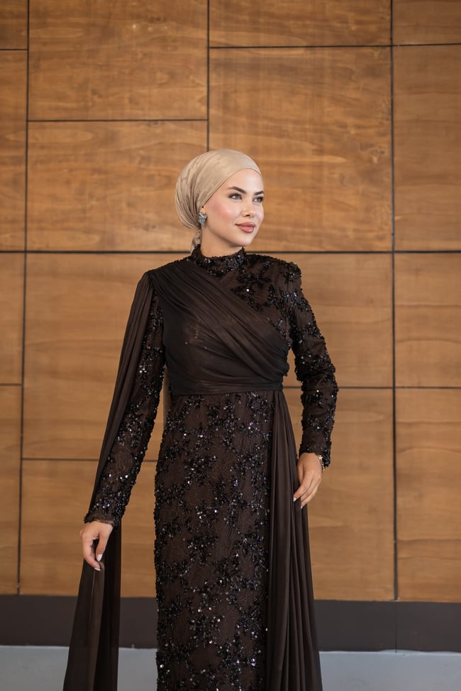 Ravza Payetli Model Abiye | Kahverengi