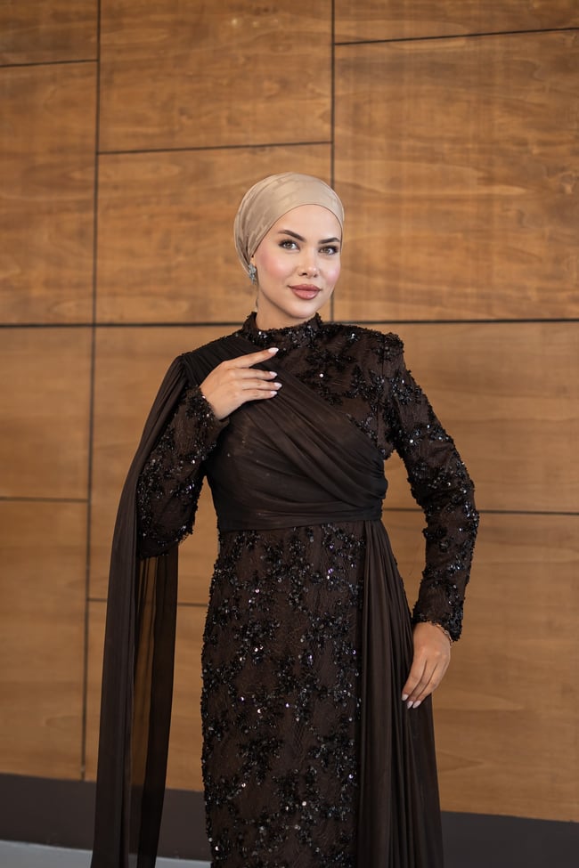 Ravza Payetli Model Abiye | Kahverengi