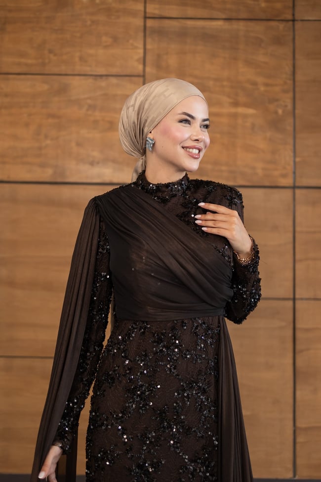 Ravza Payetli Model Abiye | Kahverengi