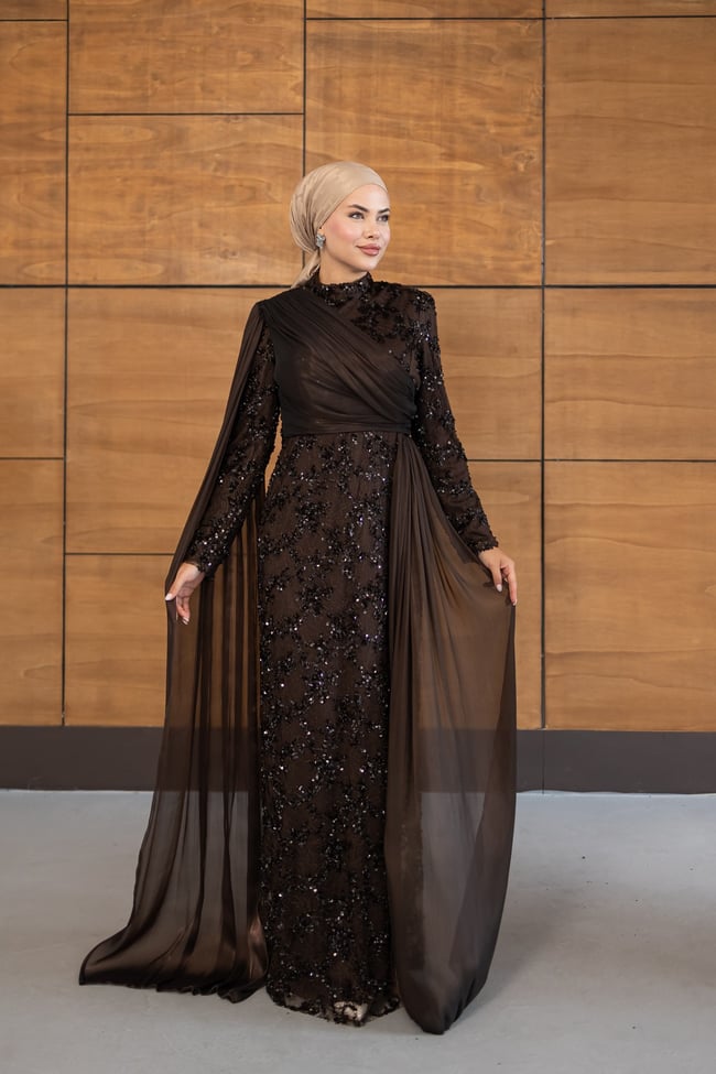Ravza Payetli Model Abiye | Kahverengi