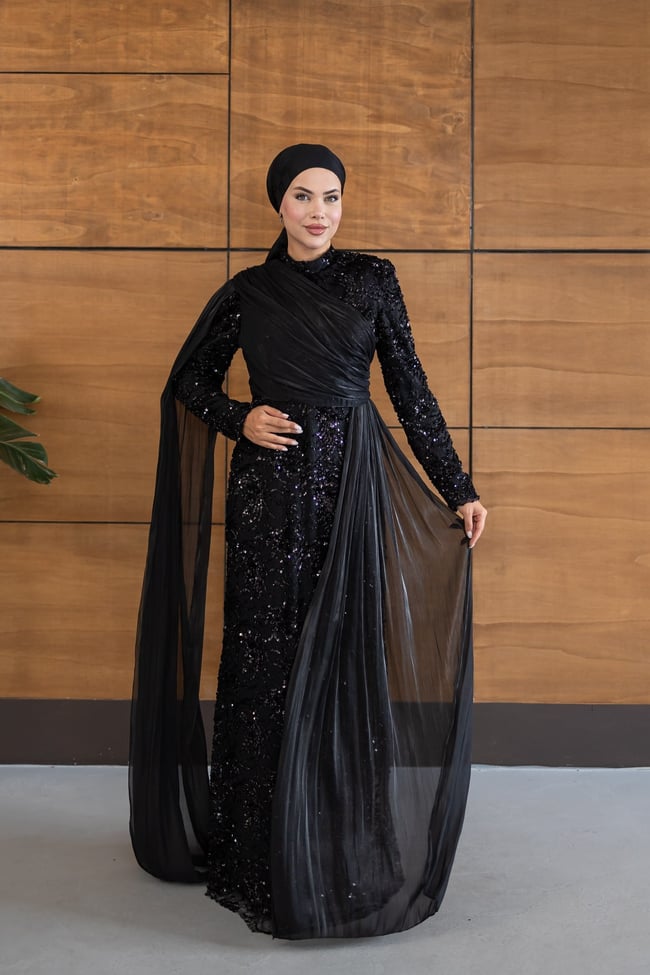 Ravza Payetli Model Abiye | Siyah