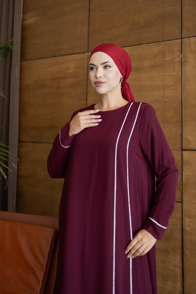 Şerit Taşlı  Elbise | Bordo