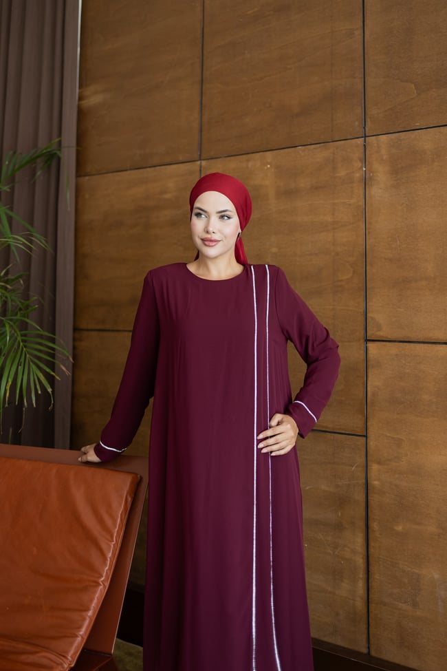 Şerit Taşlı  Elbise | Bordo