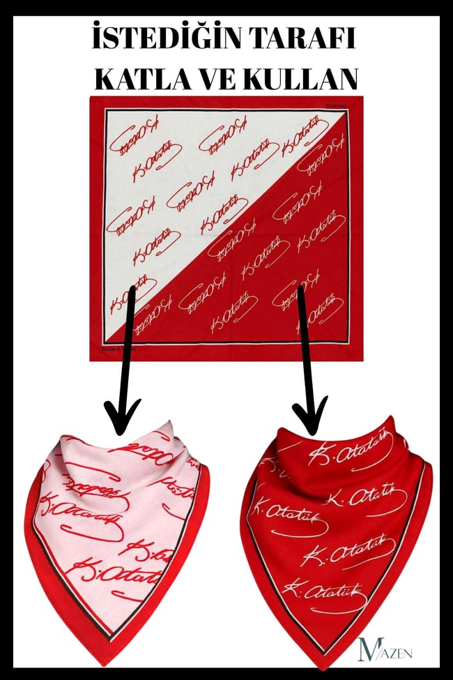 1 Adet Atatürk İmzalı Bandana Fular | Çift Taraflı Kullanım | 2 Renk 1 Bandana | Çok Amaçlı