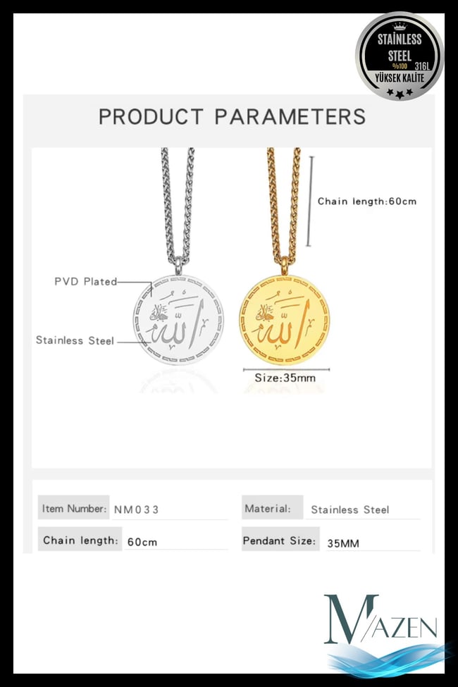 1 Adet Gold Allah Yazılı Ayetel Kürsi Çelik Kolye |Çift Taraflı | 316L Paslanmaz Çelik | Erkek Kadın