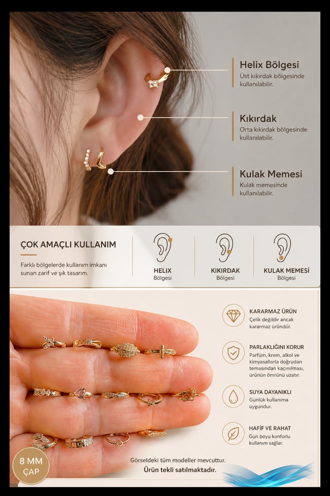 1 Adet Gold Renk Çivi Tasarım Taşlı Halka Küpe | 8 MM Helix Kıkırdak Piercing | Kararmaz
