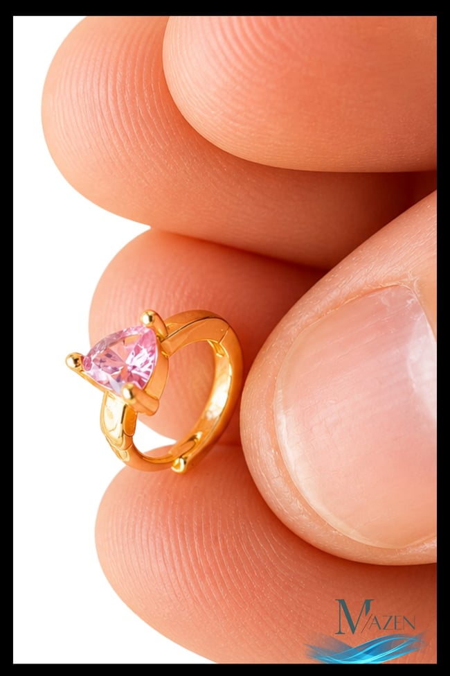1 Adet Gold Renk Pembe Zirkon Taşlı Kalp Halka Küpe | 8 MM Çap | Helix Kıkırdak Piercing | Kararmaz
