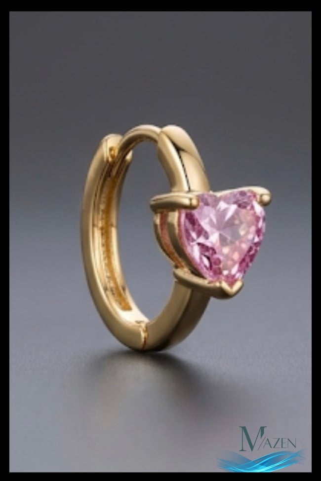 1 Adet Gold Renk Pembe Zirkon Taşlı Kalp Halka Küpe | 8 MM Çap | Helix Kıkırdak Piercing | Kararmaz
