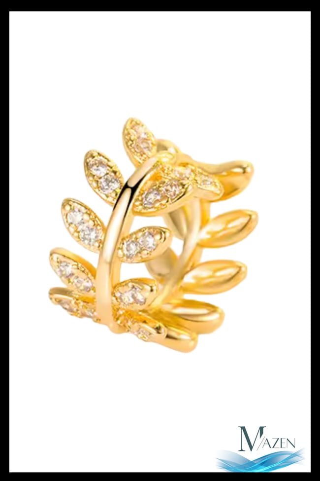 1 Adet Gold Renk Yaprak Dizilim Zirkon Taşlı Halka Küpe | 8 MM Helix Kıkırdak | Kararmaz