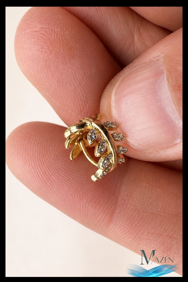 1 Adet Gold Renk Yaprak Dizilim Zirkon Taşlı Halka Küpe | 8 MM Helix Kıkırdak | Kararmaz