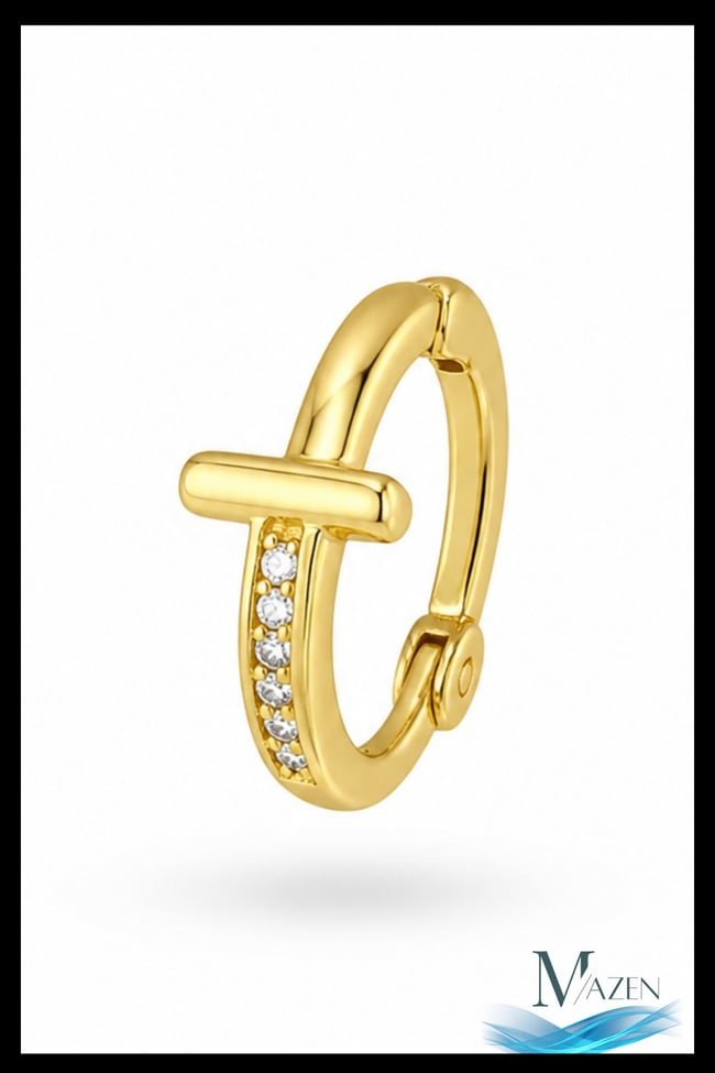 1 Adet Gold Renk Zirkon Taşlı Bar Detay Halka Küpe | 8 MM Çap | Helix Kıkırdak Piercing | Kararmaz