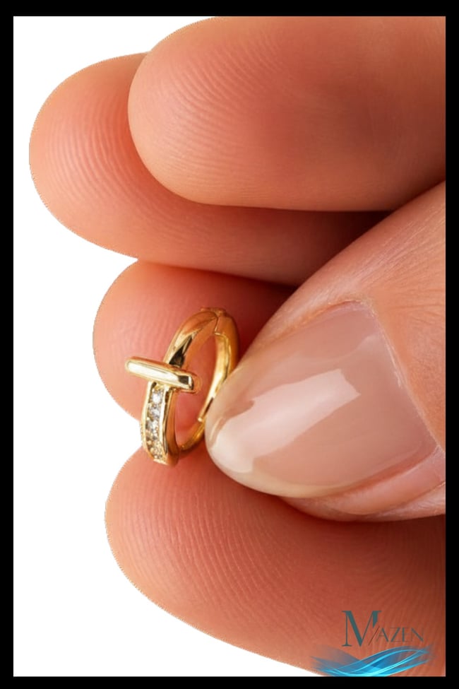 1 Adet Gold Renk Zirkon Taşlı Bar Detay Halka Küpe | 8 MM Çap | Helix Kıkırdak Piercing | Kararmaz