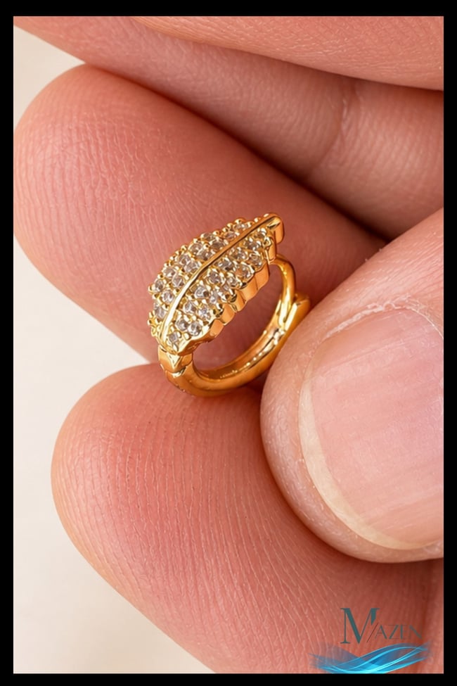 1 Adet Gold Renk Zirkon Taşlı Yaprak Şekilli Halka Küpe | 8 MM Helix Kıkırdak | Kararmaz